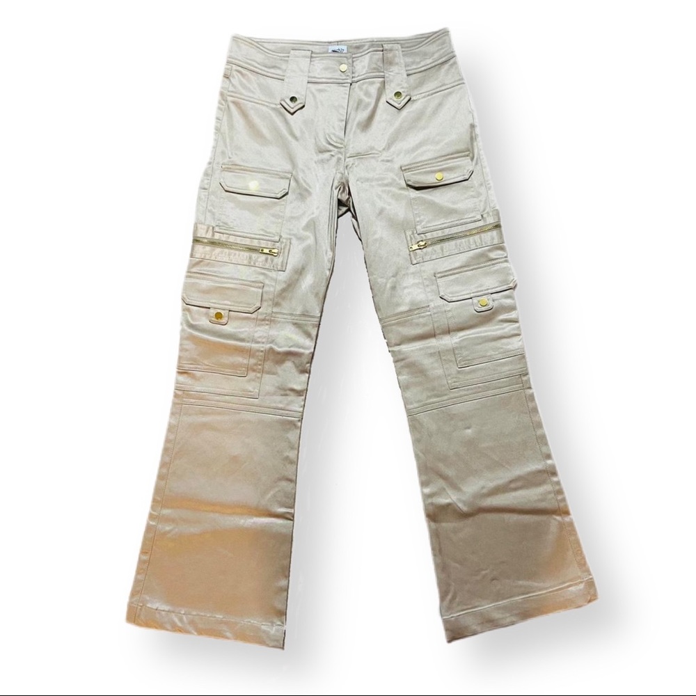 Hot Vintage 90s Cache Gold Shiny High Waist Flare Cargo Style Trouser Pants
